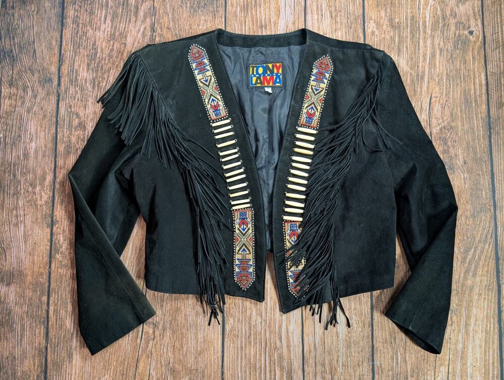 TONY LAMA Women's 14 Southwest Fringed Beaded Black Suede Leather Bolero Jacket
